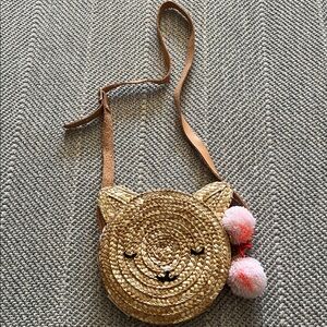 Cute Woven Cat Face Crossbody Bag with Pom Poms